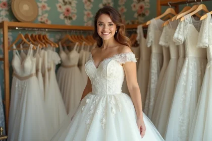 Jeune femme en robe vintage de mariée teal élégante