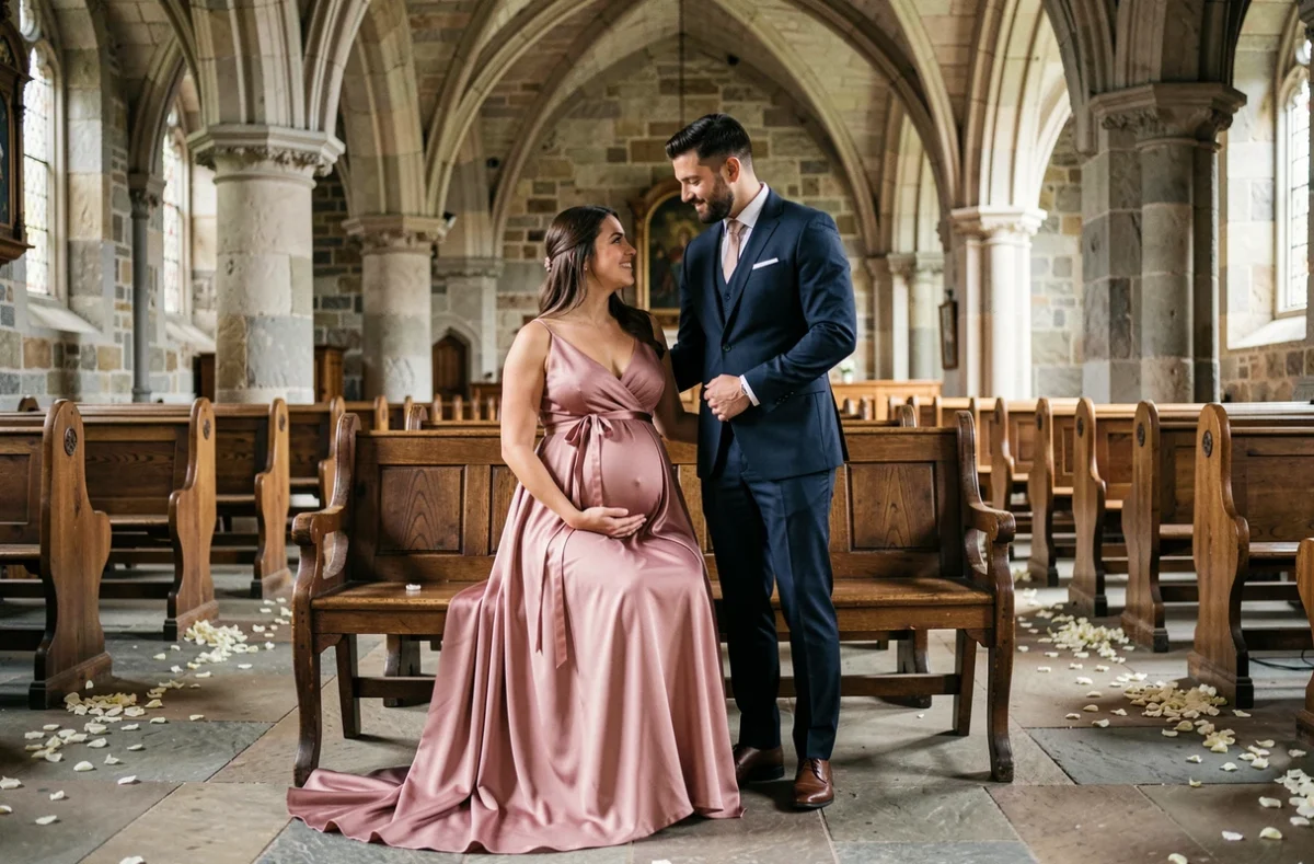 Couple de mariés dans une chapelle rustique, future mariée enceinte en robe empire rose poudré