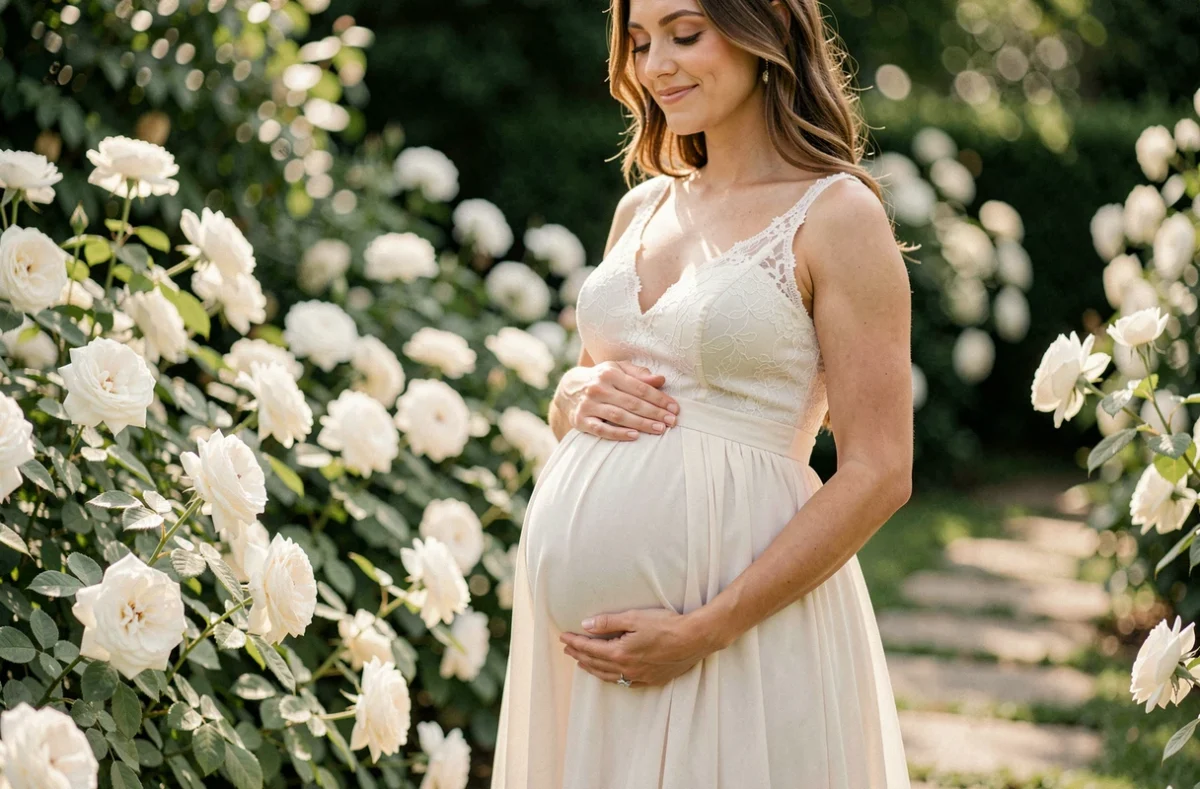 Femme enceinte en robe de mariée empire ivoire dans un jardin fleuri, mains sur le ventre