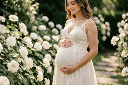 Femme enceinte en robe de mariée empire ivoire dans un jardin fleuri, mains sur le ventre