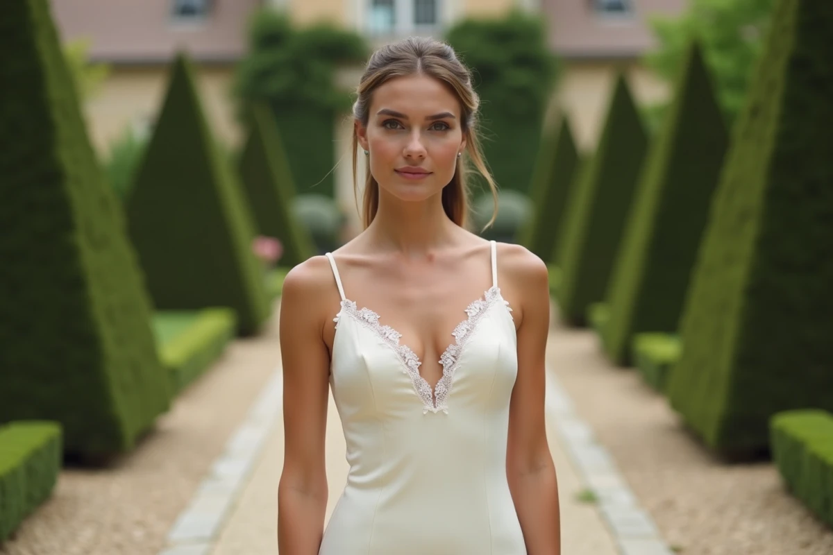 Robe fourreau ivoire en dentelle pour mariage portée dans un jardin français, silhouette allongée