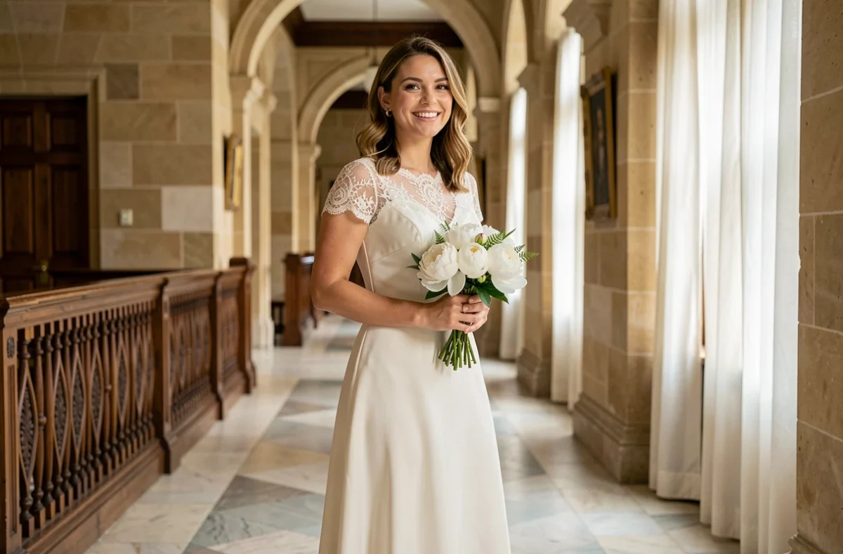 Femme en robe de mariée ivoire mi-longue avec dentelle dans un couloir de mairie française pour un mariage civil élégant