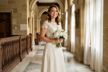 Femme en robe de mariée ivoire mi-longue avec dentelle dans un couloir de mairie française pour un mariage civil élégant