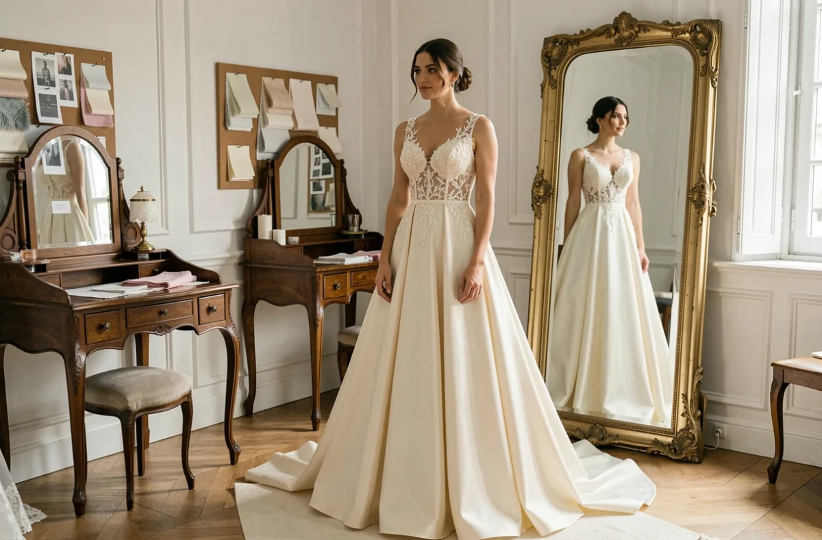 Mariée en robe de créateur en soie ivoire dans un atelier de haute couture parisien, reflet dans un miroir orné