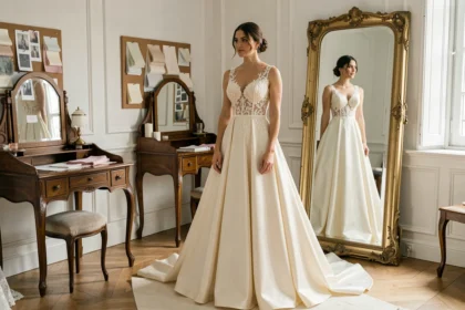 Mariée en robe de créateur en soie ivoire dans un atelier de haute couture parisien, reflet dans un miroir orné