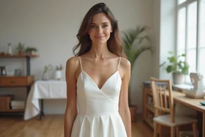 Femme en robe de mariage simple dans un atelier lumineux