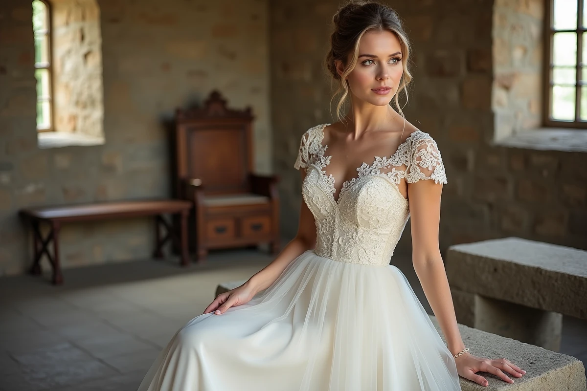 Robe de mariée ivoire en dentelle dans un château historique, style romantique tendance 2026
