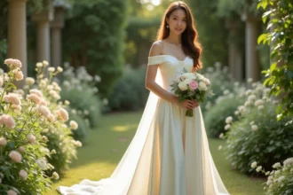 Mariée en robe ivoire minimaliste à encolure bardot dans un jardin botanique luxuriant, tendance mariage 2026