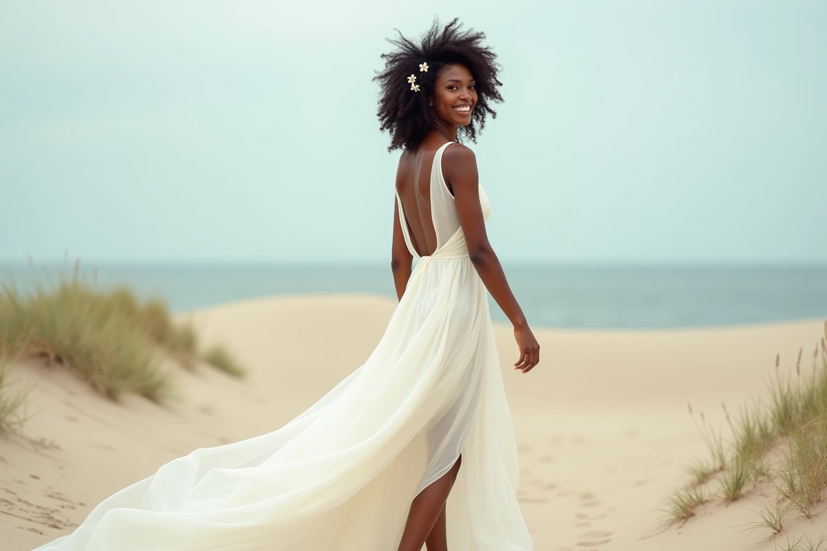 Mariée en robe ivoire asymétrique en mousseline sur une dune côtière, tendance mariage 2026 moderne