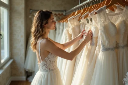 Femme examinant une robe de mariée en dentelle ivoire dans une boutique de mariage seconde main