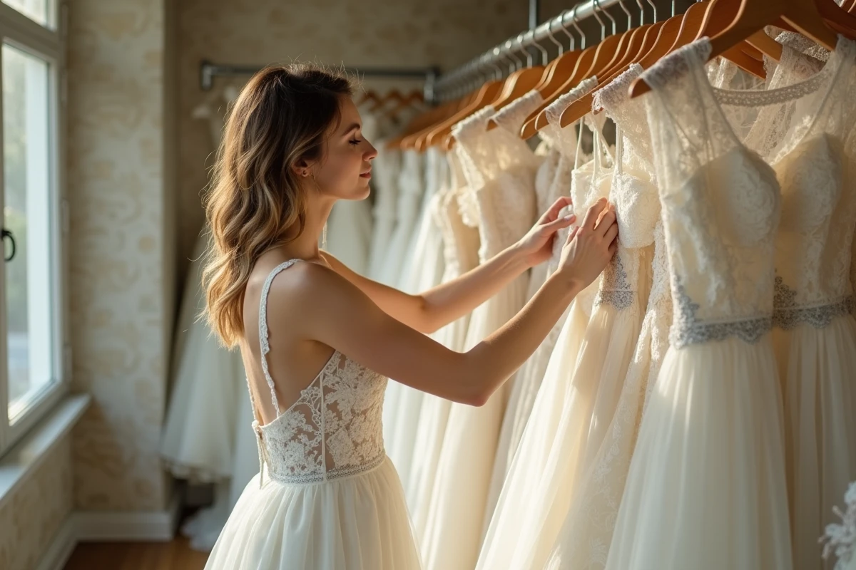 Femme examinant une robe de mariée en dentelle ivoire dans une boutique de mariage seconde main