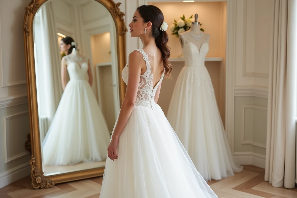 Femme en robe de mariée blanche coupe trapèze avec dentelle devant un miroir en boutique de mariage