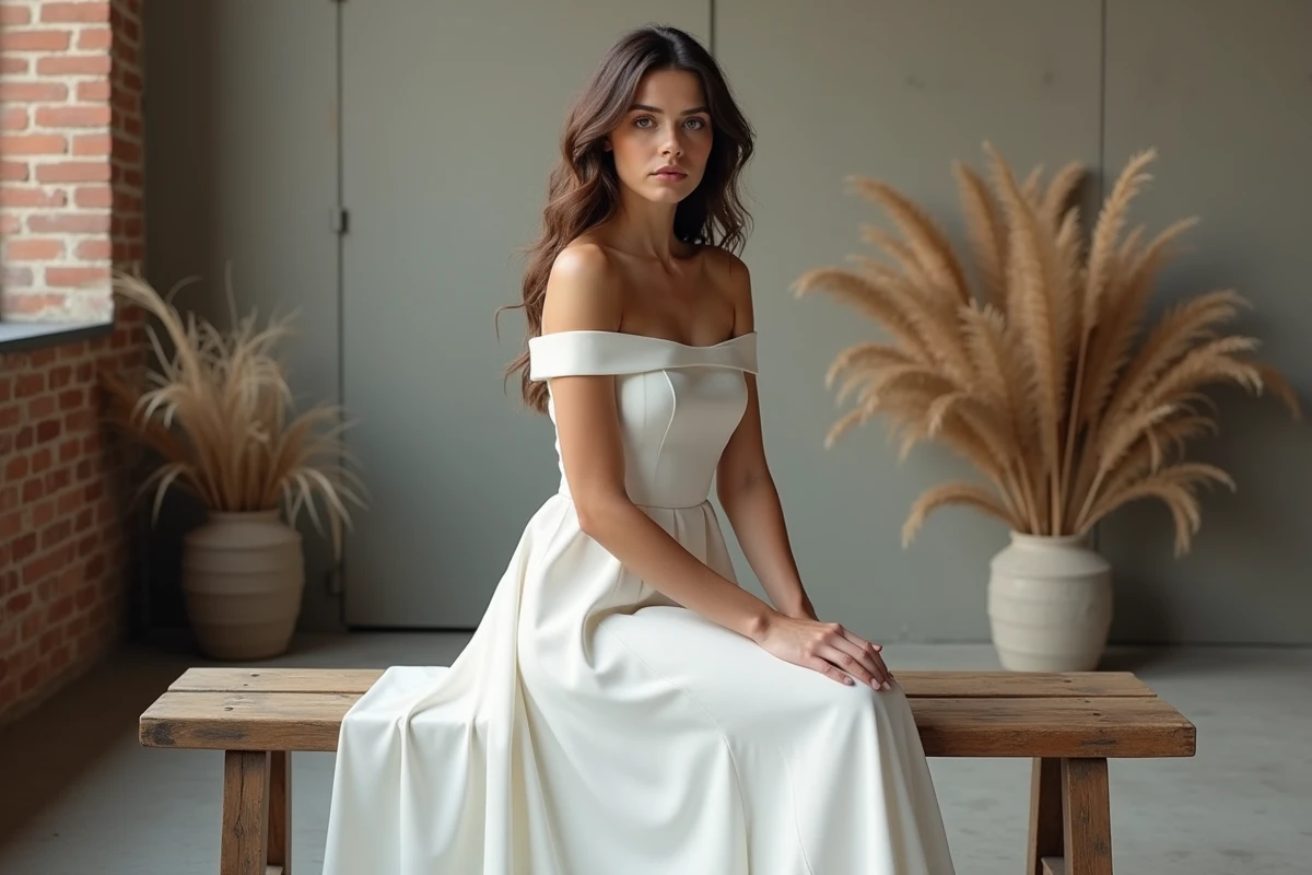 Mariée en robe blanche minimaliste coupe colonne assise sur un banc en studio avec mur en brique