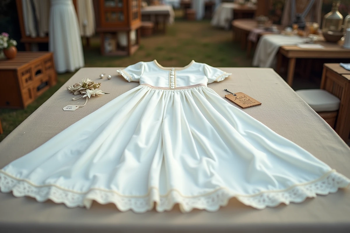 Robe de mariée blanche d'occasion posée à plat sur une table de marché aux puces avec étiquette de prix artisanale