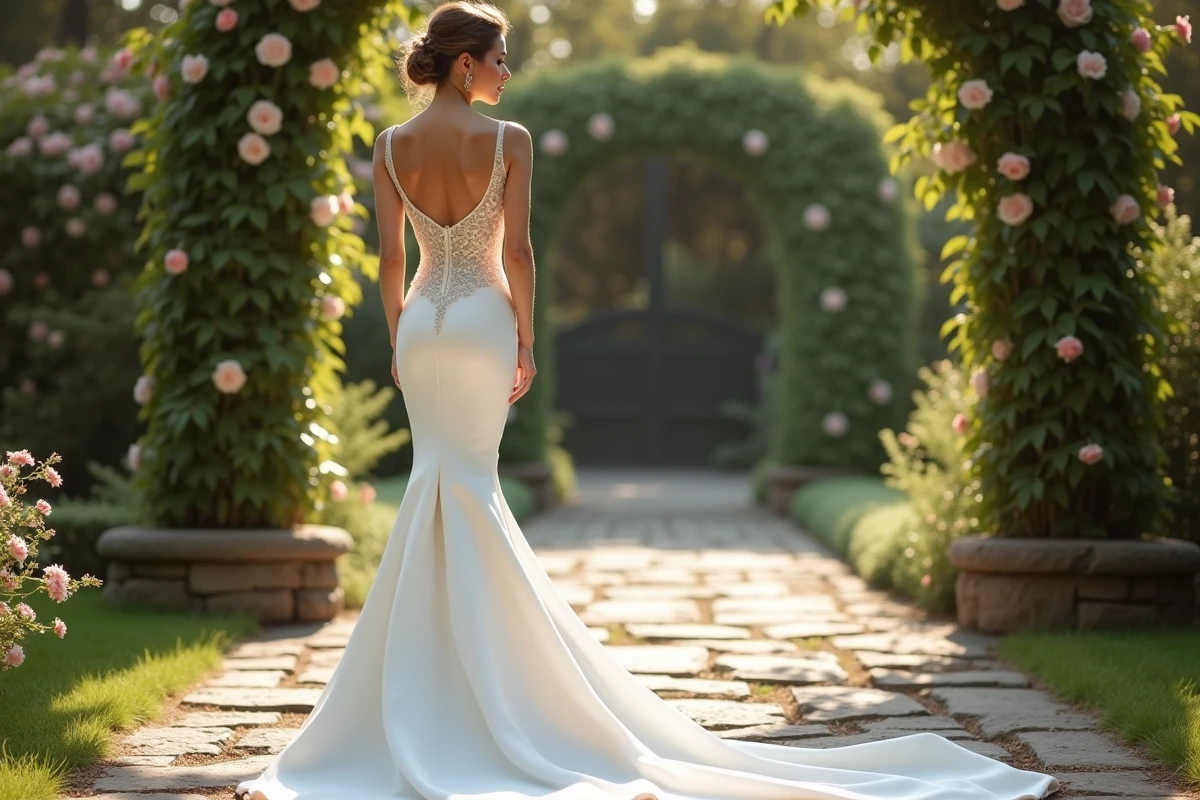 Mariée en robe blanche sirène avec traîne dans un jardin fleuri avec arche en fer forgé