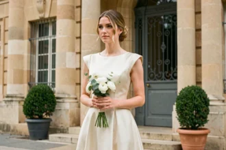 Mariée en robe de mariage midi en satin ivoire devant la mairie, bouquet de renoncules blanches, coiffure chignon bas élégant