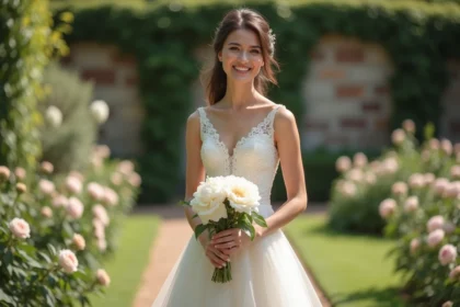 Mariée en robe de mariée courte en dentelle dans un jardin fleuri avec bouquet de pivoines blanches