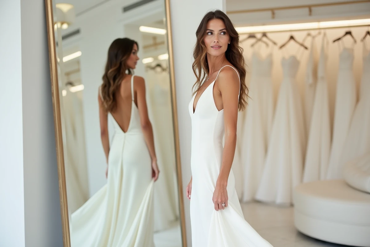 Mariée en robe de mariée minimaliste en soie dans une boutique de créateur contemporaine avec miroir et décor épuré