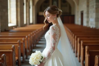 Mariée en robe longue manches en dentelle avec voile cathédrale et coiffure en chignon perlé dans une église en pierre