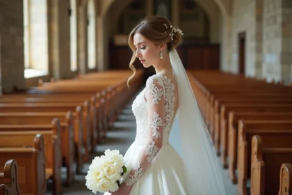 Mariée en robe longue manches en dentelle avec voile cathédrale et coiffure en chignon perlé dans une église en pierre