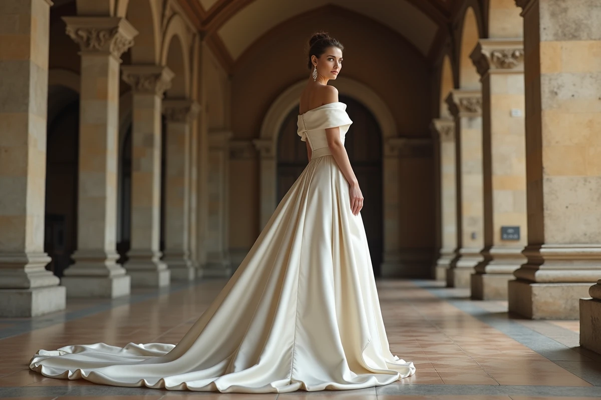 Mariée en robe longue en satin à traîne dans un château historique français aux colonnes en pierre