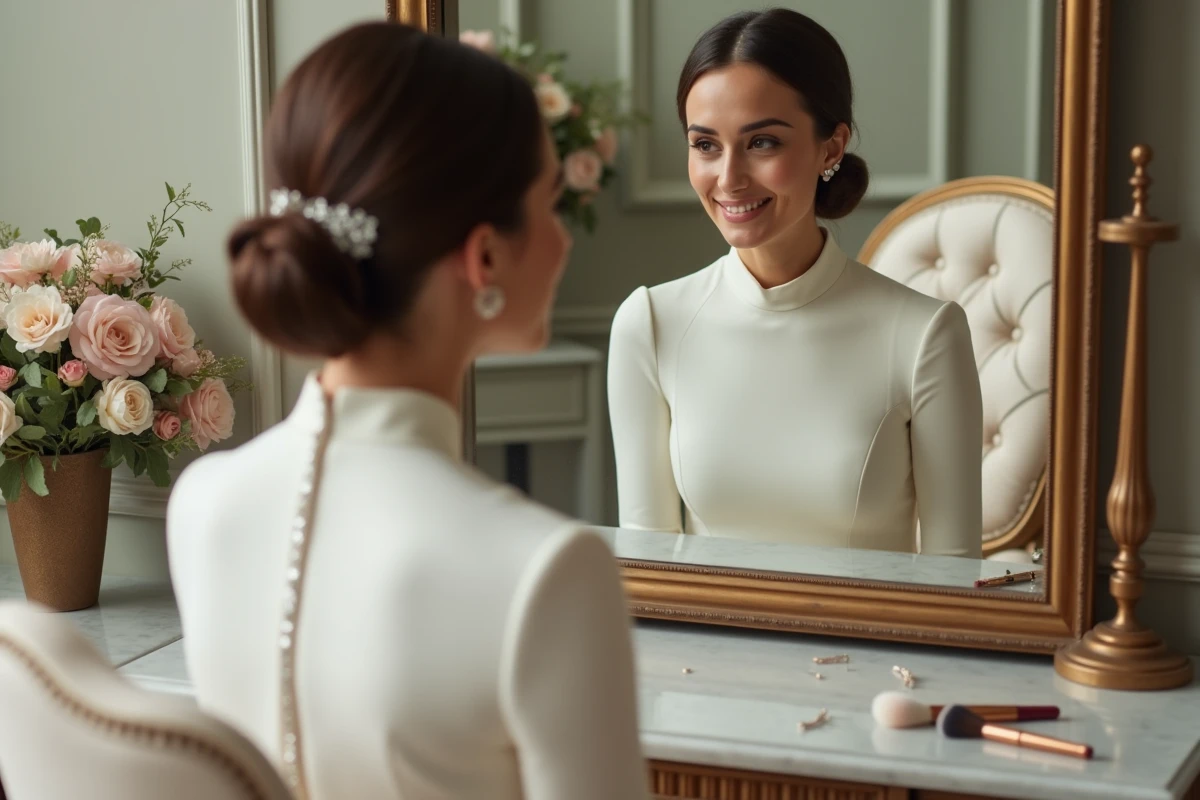 Mariée en robe longue manche col haut en crêpe avec voile court et chignon bas devant un miroir de loge nuptiale