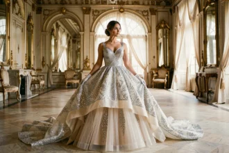 Mariée en robe de bal princesse bouffante à paillettes argentées dans un château orné aux miroirs dorés