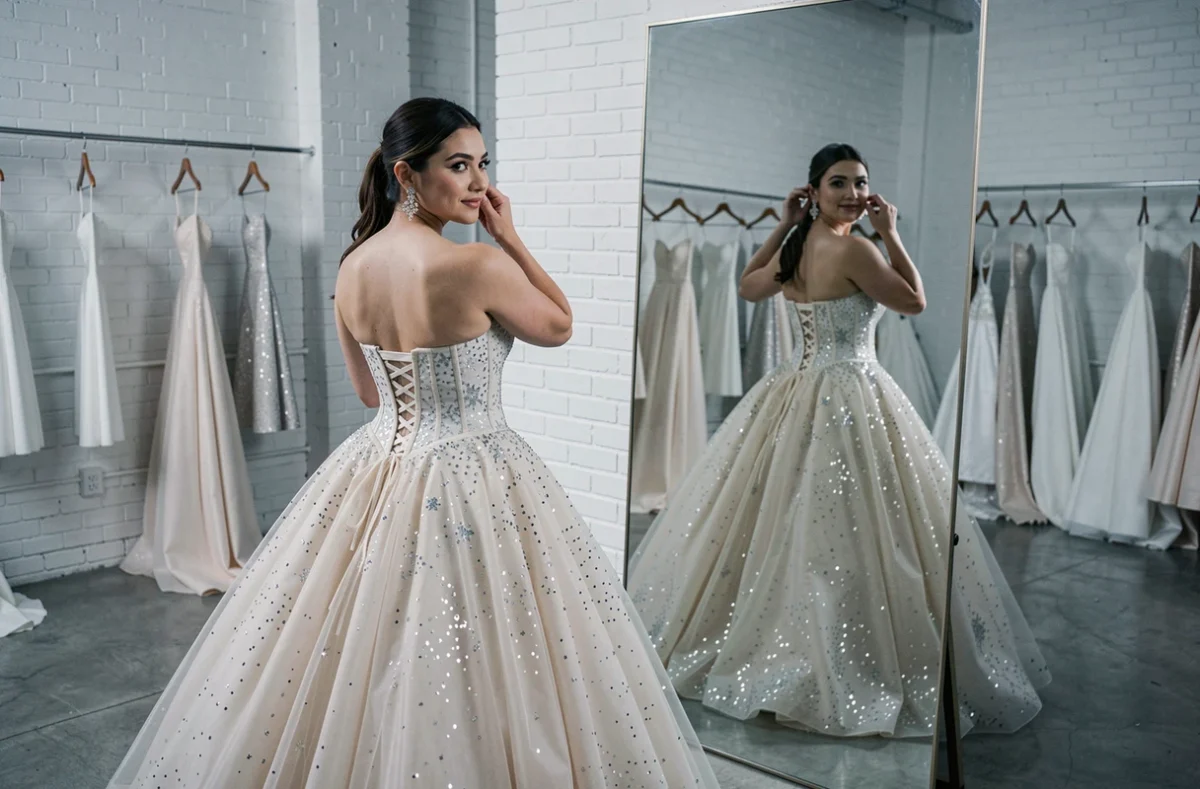 Mariée en robe princesse bouffante à sequins étoilés devant un miroir dans un atelier de couture moderne