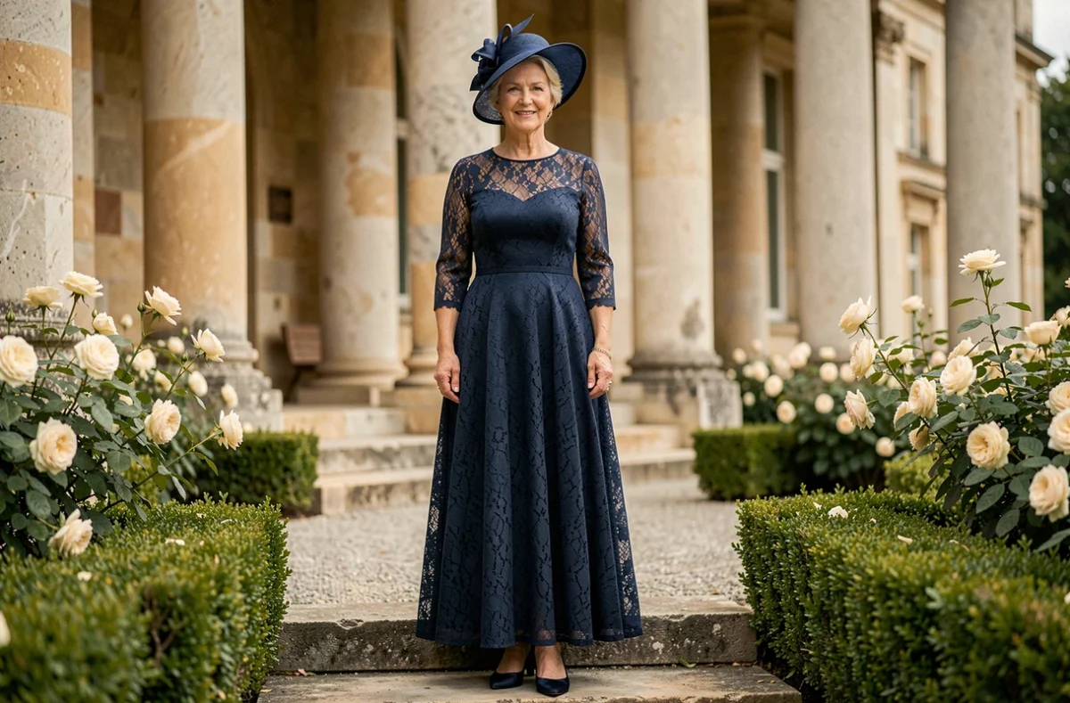 Mère de la mariée en longue robe bleu marine avec dentelle devant un château lors d'un mariage élégant en extérieur