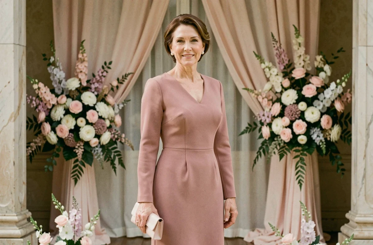 Mère de la mariée élégante en robe midi rose poudré structurée dans une salle de réception décorée pour un mariage chic