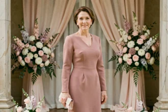 Mère de la mariée élégante en robe midi rose poudré structurée dans une salle de réception décorée pour un mariage chic