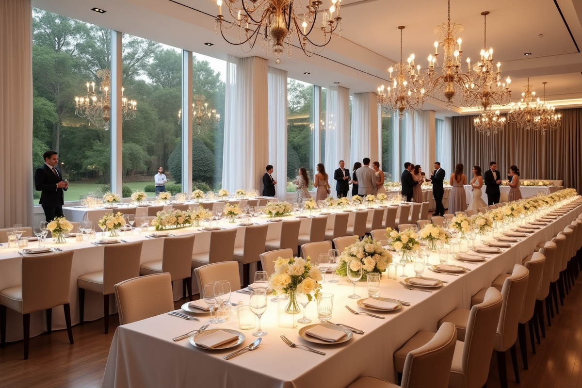Salle de mariage moderne avec longues tables blanches et fleurs