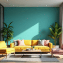 Salon moderne avec mur turquoise et mobilier coloré