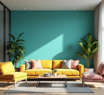 Salon moderne avec mur turquoise et mobilier coloré