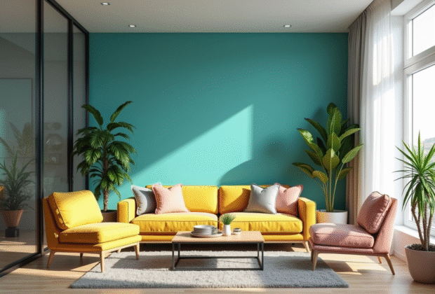 Salon moderne avec mur turquoise et mobilier coloré