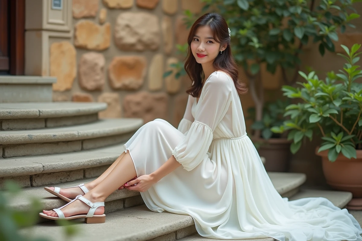 Mariée enfilant des sandales blanches à brides sur des marches en pierre dans un jardin de mariage