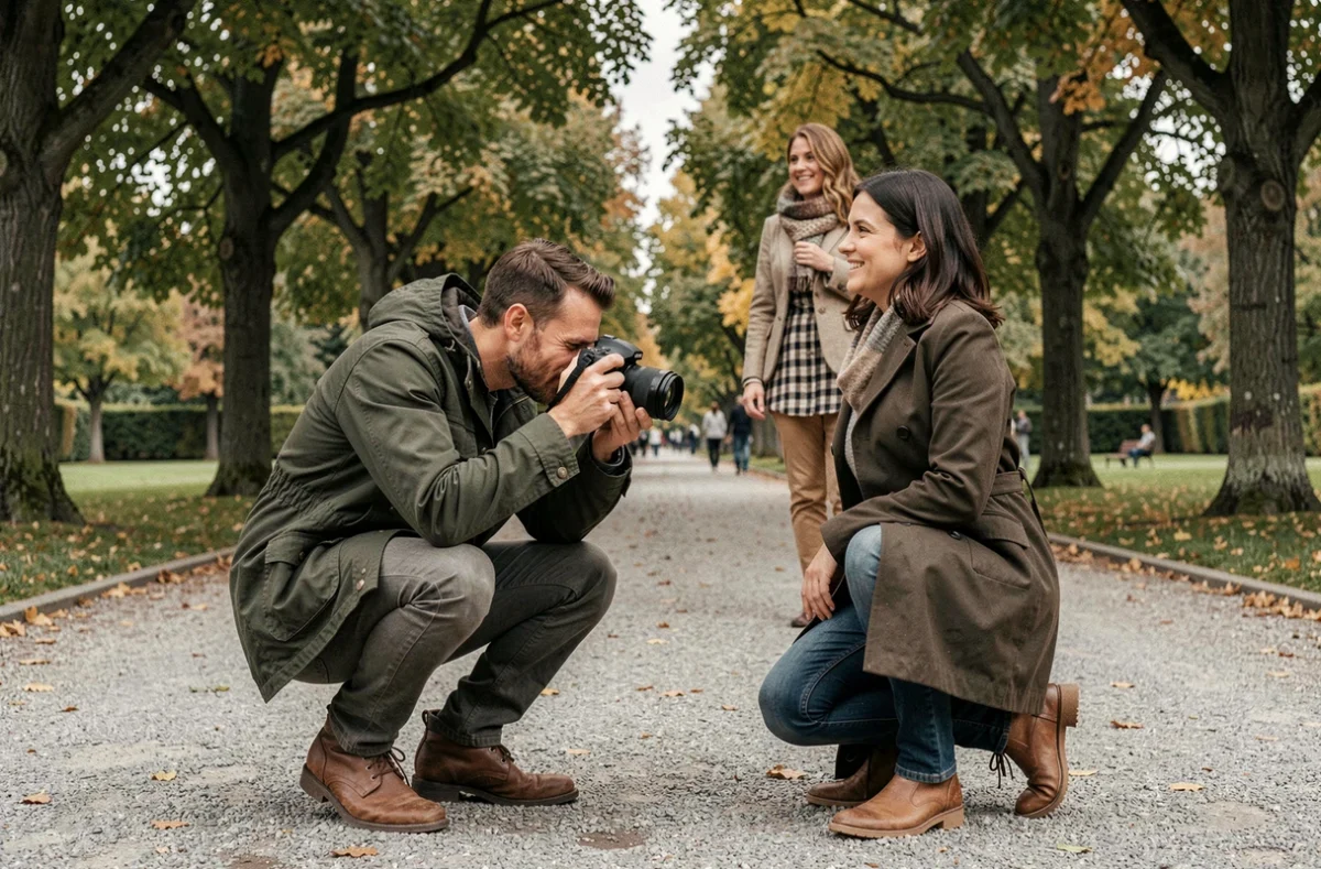 Photographe de couple au travail dans un parc à Forbach lors d'une séance photo en extérieur