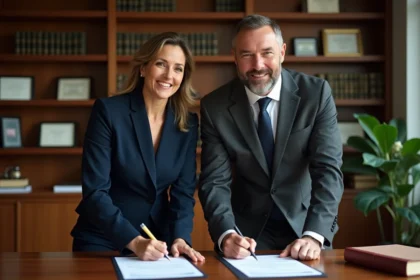 Femme et homme signant des documents dans un bureau élégant