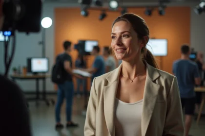 Sophie Jovillard en train de tourner sur un plateau de télévision entourée d'une équipe de production