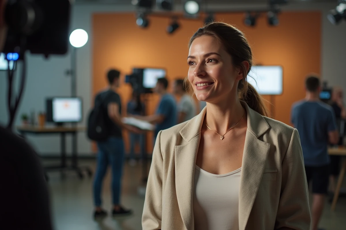 Sophie Jovillard en train de tourner sur un plateau de télévision entourée d'une équipe de production