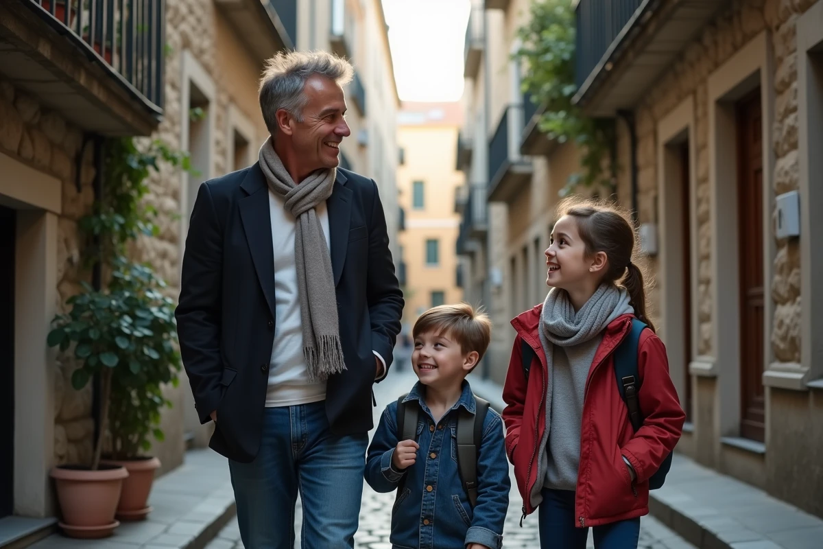 Famille discutant dans une rue pavée en ville