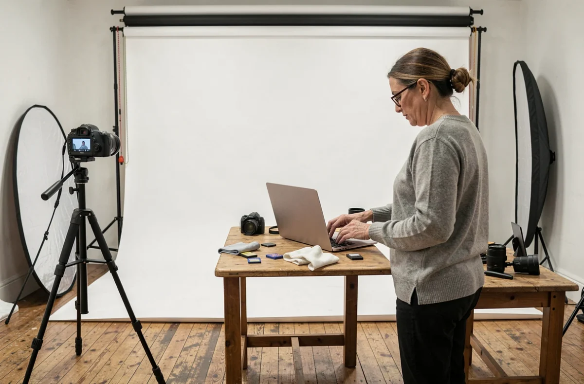 Studio photo professionnel intérieur à Saint-Genis-Laval avec photographe révisant des images