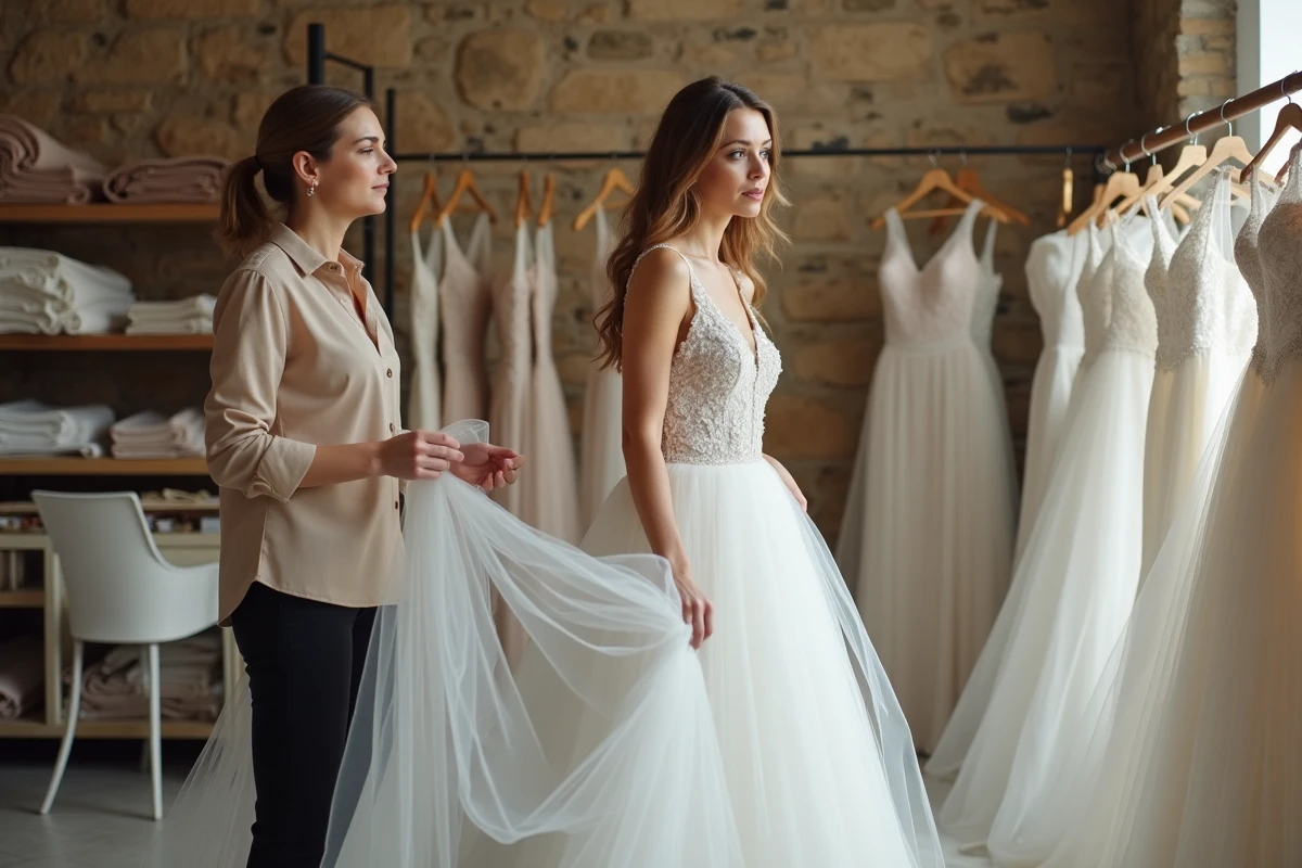 Styliste ajustant le bas d'une robe de mariée en tulle volumineuse sur une mariée dans un atelier de couture aux murs en pierre à Montpellier