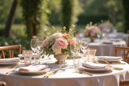 Table de mariage élégante en extérieur avec décoration tendance 2025