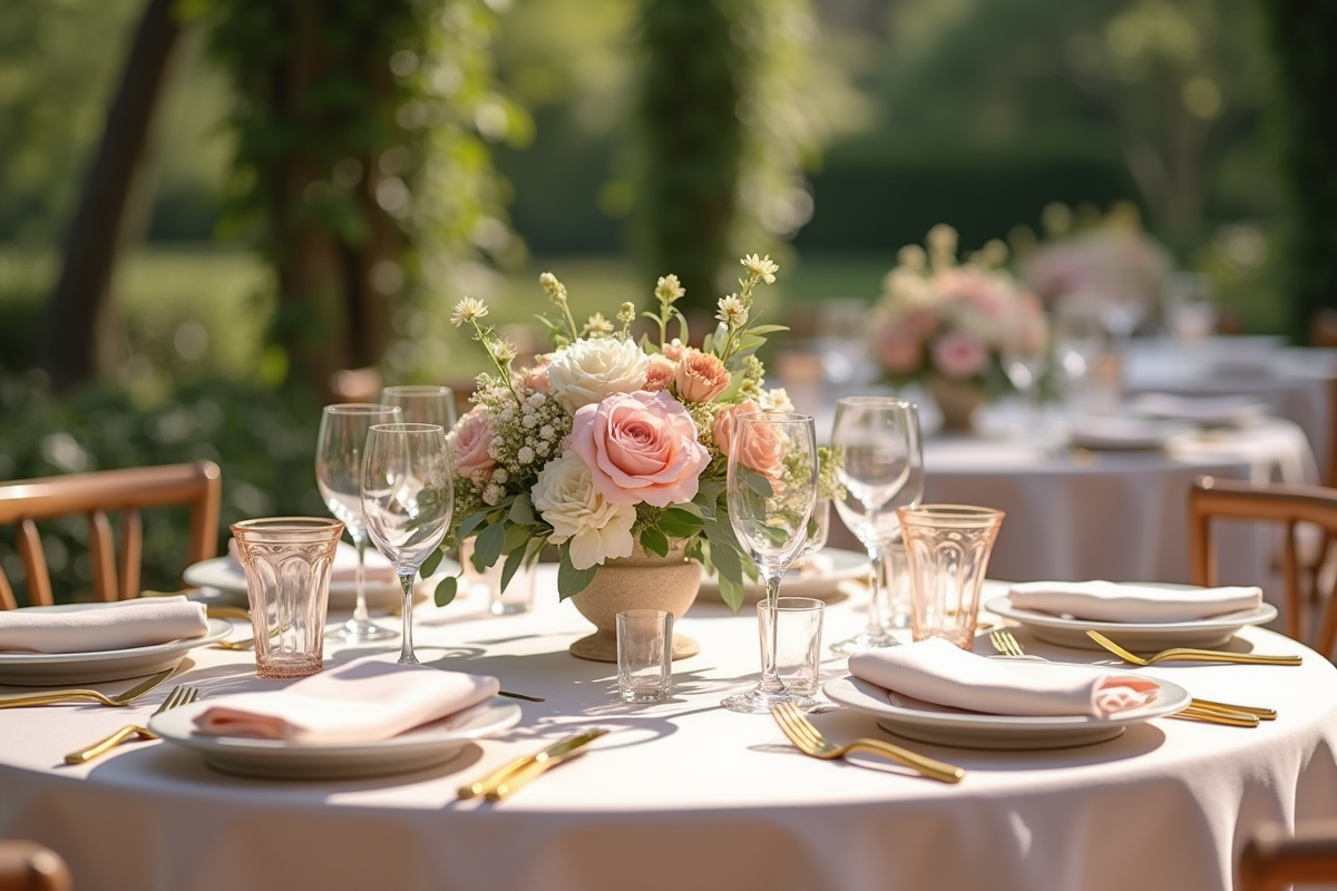 Table de mariage élégante en extérieur avec décoration tendance 2025