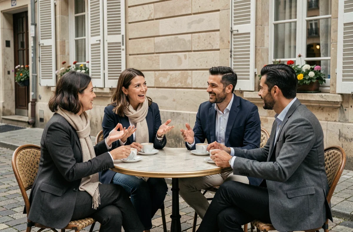 Groupe de témoins de mariage discutant autour d'une table de café en terrasse à Paris