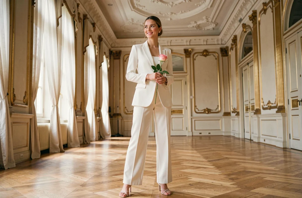 Mariée en tailleur pantalon blanc élégant à l'intérieur d'une mairie haussmannienne, intérieur doré et parquet, look civil chic