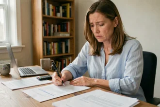 Femme vérifiant des documents de demande de visa mariage à son bureau à domicile