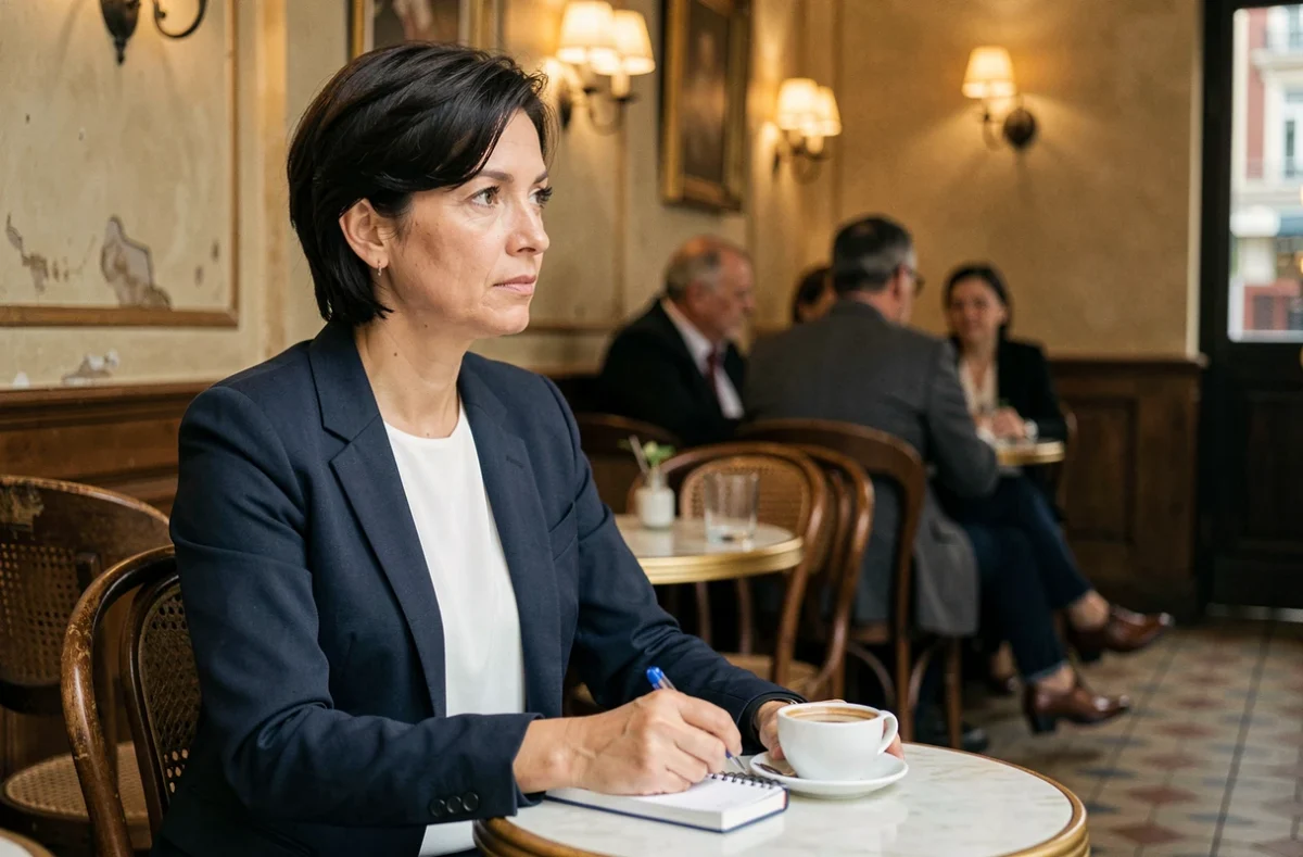 Femme élégante dans la quarantaine assise seule dans un café parisien, symbolisant la vie privée et l'intimité préservée