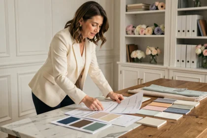 Wedding planner professionnelle révisant un budget de mariage avec des échantillons de tissu et tableaux dans un studio élégant